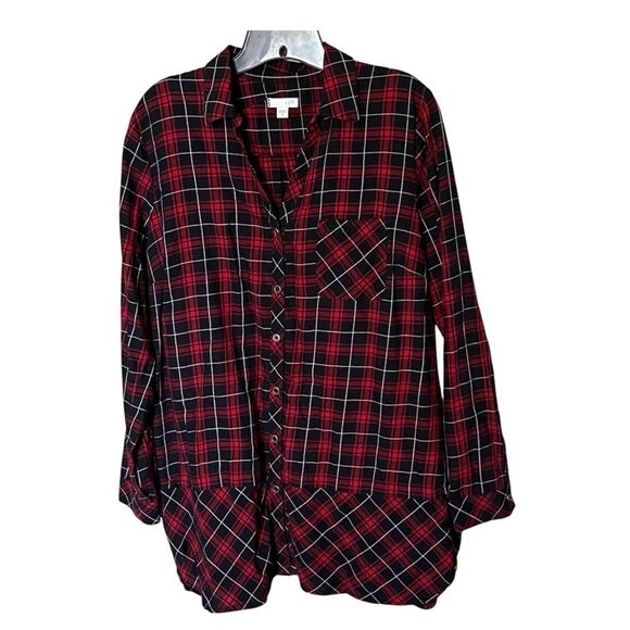 J. Jill Cotton Red, Black, White Plaid Long Sleeve Button Front Shirt Top Size M - Picture 2 of 13